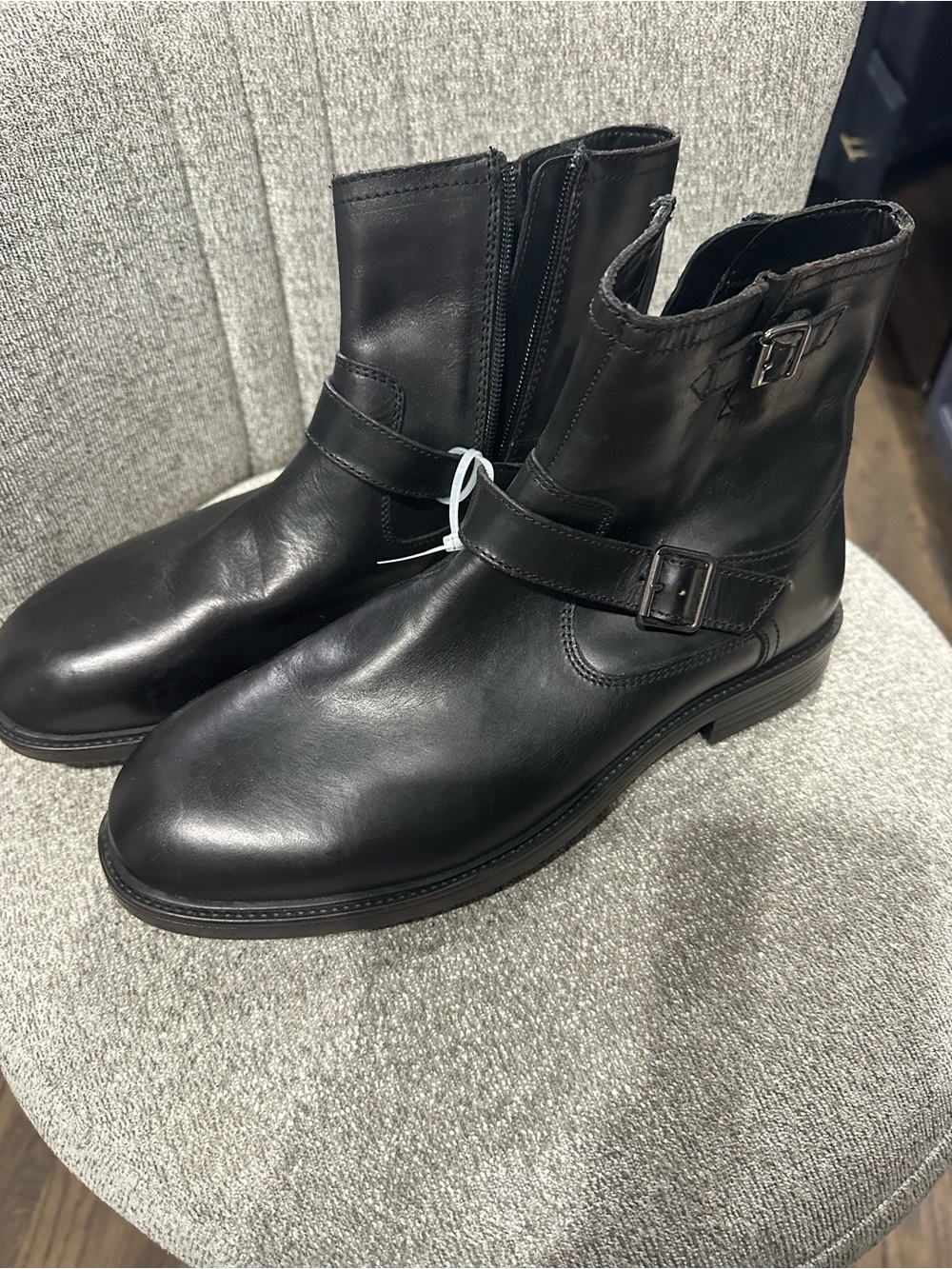 Men's Black Leather Ankle Boots with Buckle Strap